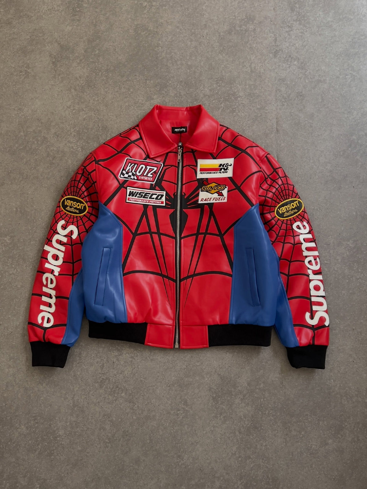 Supreme x Vanson Leathers Spider-Man Racing Jacket – Classic Red & Blue