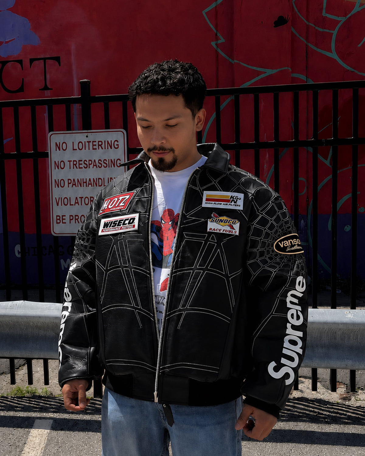 Supreme x Vanson Leathers Spider-Man Racing Jacket – Stealth Black